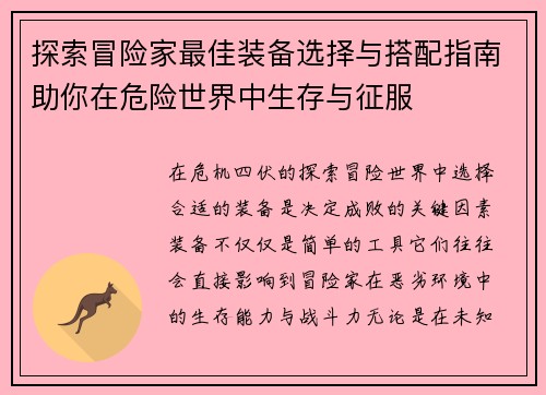探索冒险家最佳装备选择与搭配指南助你在危险世界中生存与征服