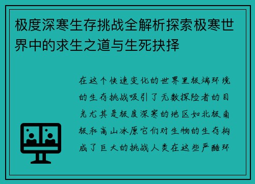 极度深寒生存挑战全解析探索极寒世界中的求生之道与生死抉择